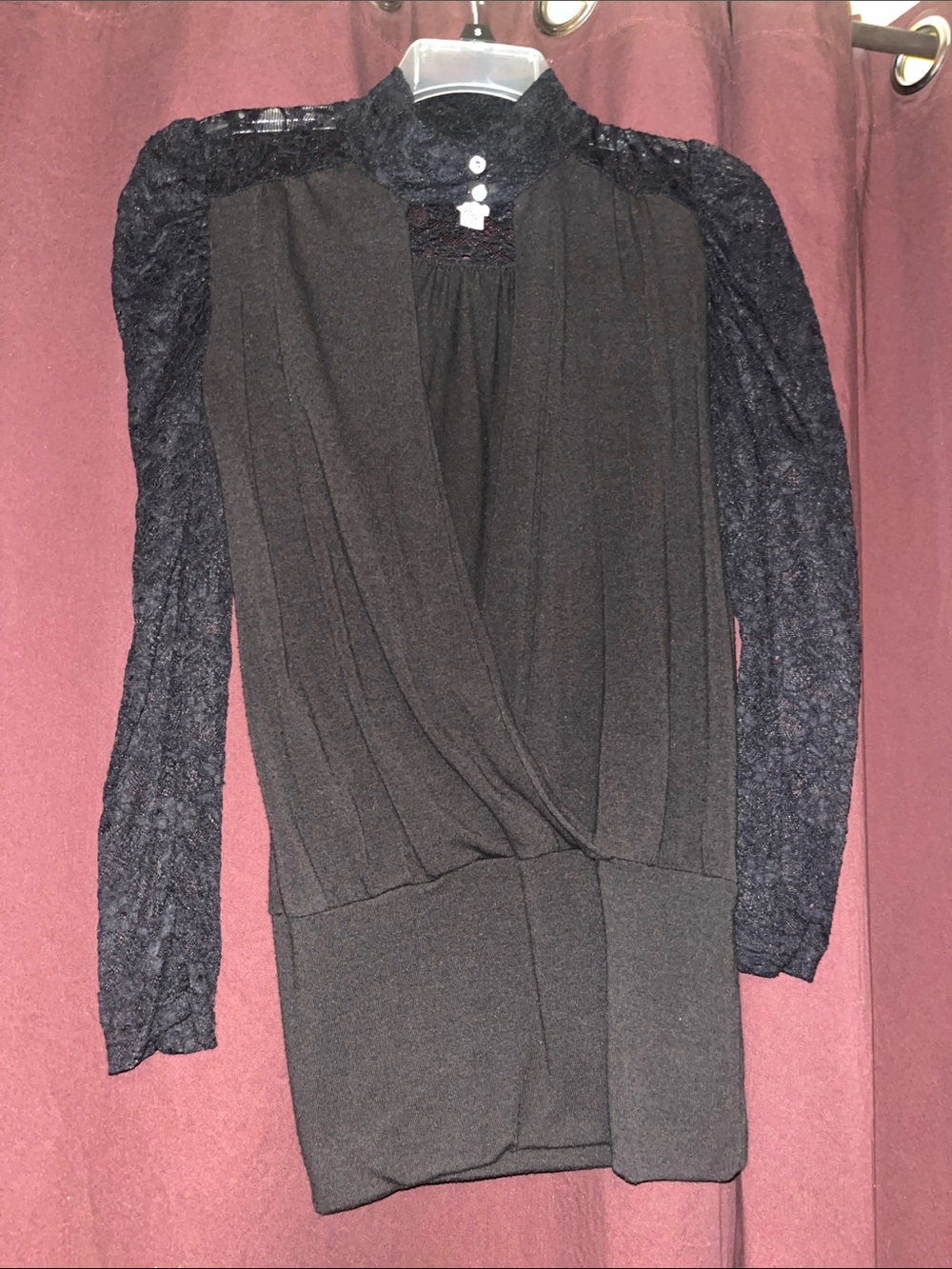 Black Lace-Sleeve Wrap Front Dress